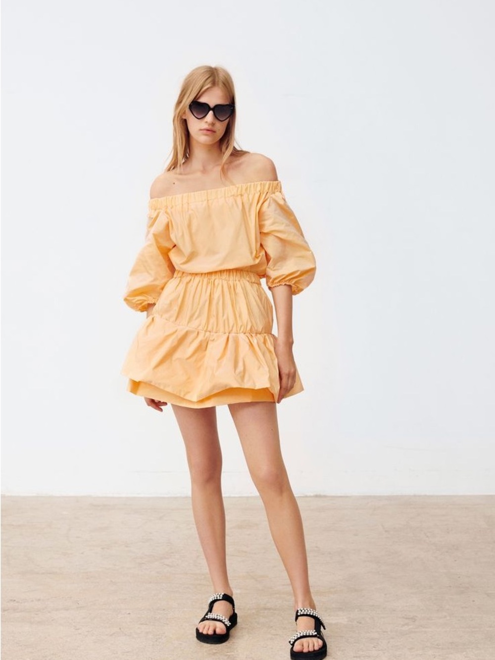 Maje Romey Mini Dress Size 34 XS Apricot Orange Off The Shoulder Gather Taffeta - Picture 1 of 16